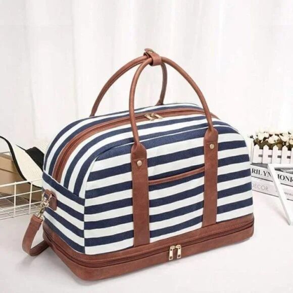 New Duffle Bag Canvas for Women Blue White Striped Bag - Picture 1 of 9